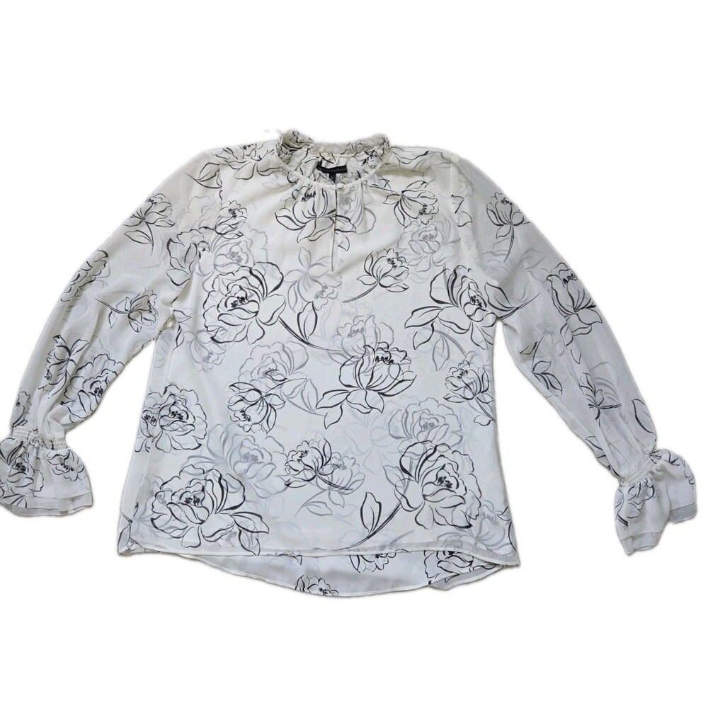 White House Black Market Floral Ruffle Neck Blouse Ivory Black Long Sleeve Sz 14 - Picture 2 of 9